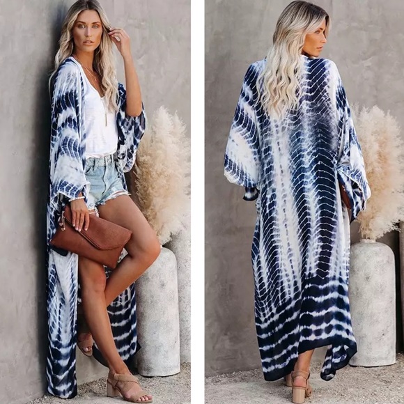 New Blue Boho Tie Dye Kimono - Picture 4 of 12